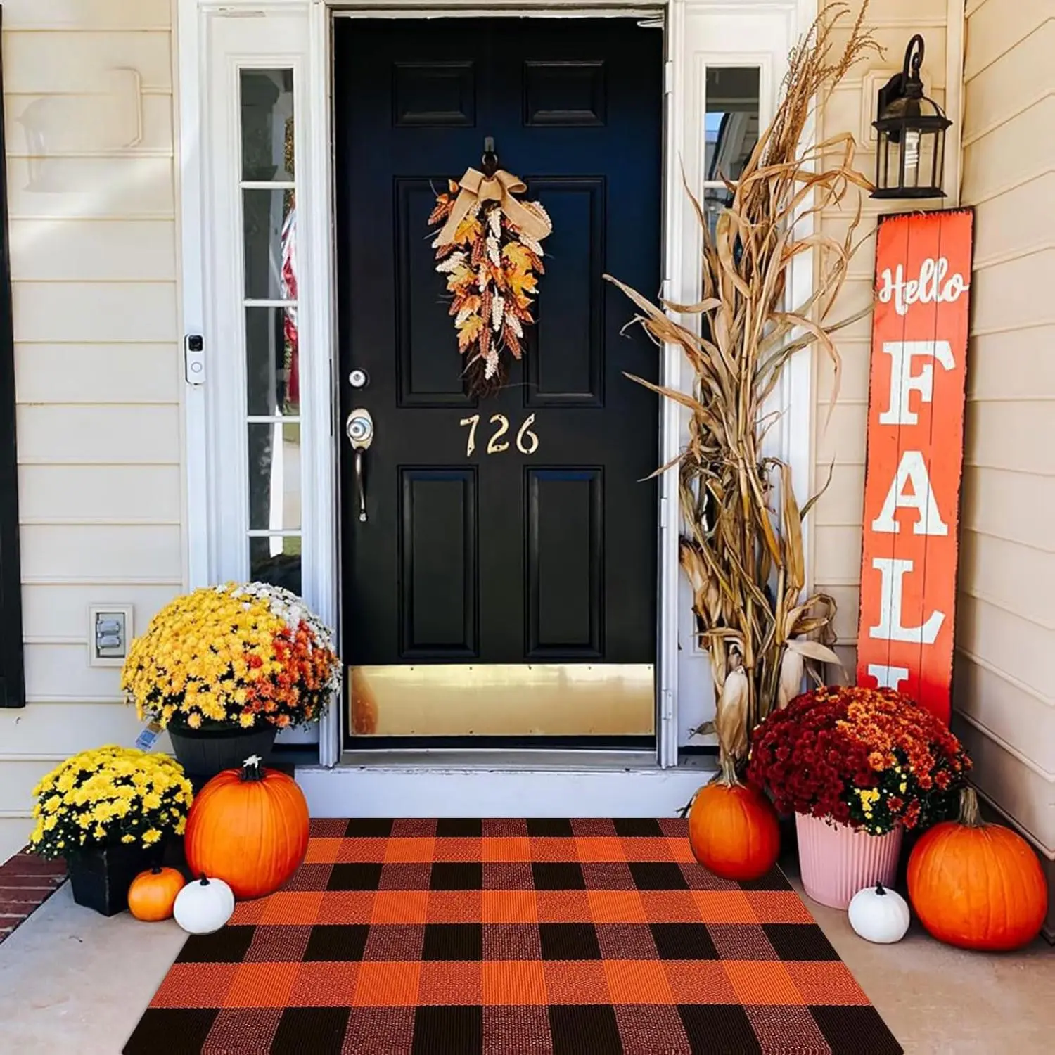 Fall Outdoor Rug Orange Buffalo Plaid Outdoor Rug Cotton Hand-Woven Buffalo Check Rug Layered Doormats for Front Door/Front Porch/Farmhouse/Entryway.