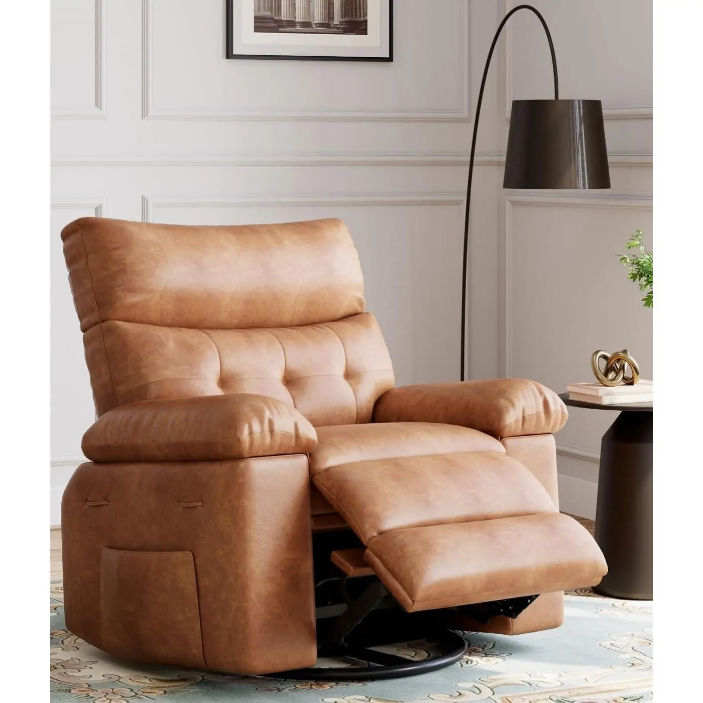 Garvee Swivel Rocking Recliner Chair, 56 in Wide PU Leather Reclining Nursery Rockers with Heat & Massage, 360° Round Base Rocker Recliner Chair with Pull Handle, Silla Mecedora, Vintage Dual-Tone (brown)