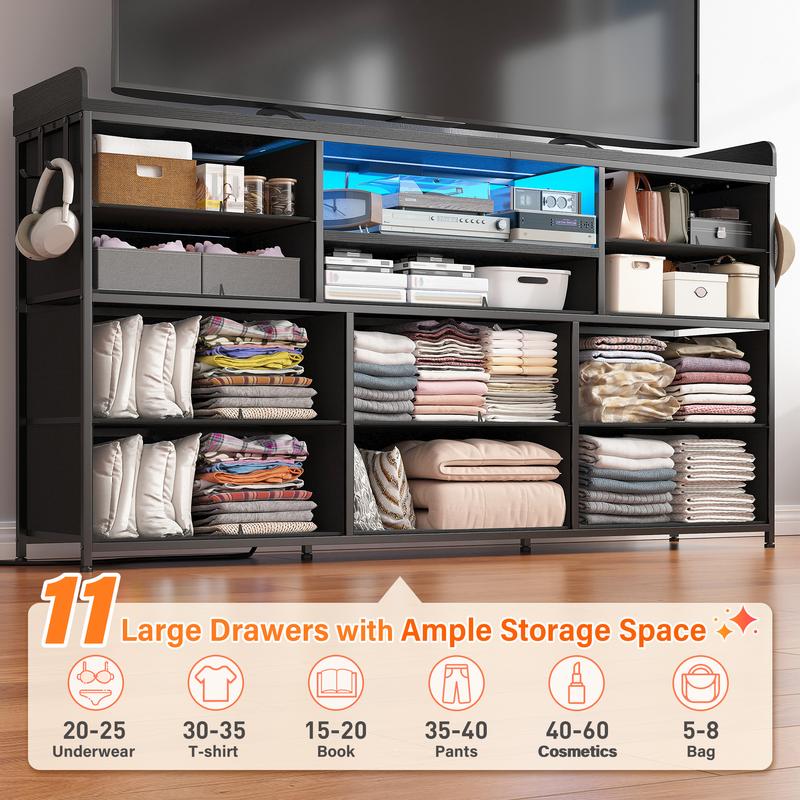 【Holiday Haul】Raybee 11 Drawer Smart LED Dresser, with Charging Station, Power Outlets, LED Lights & Shelves, Modern Storage Cabinet for Bedroom/Hallway, TV Stand for 32-55 inch TVs, Easy 10-min Assembly, Includes 4 Hooks