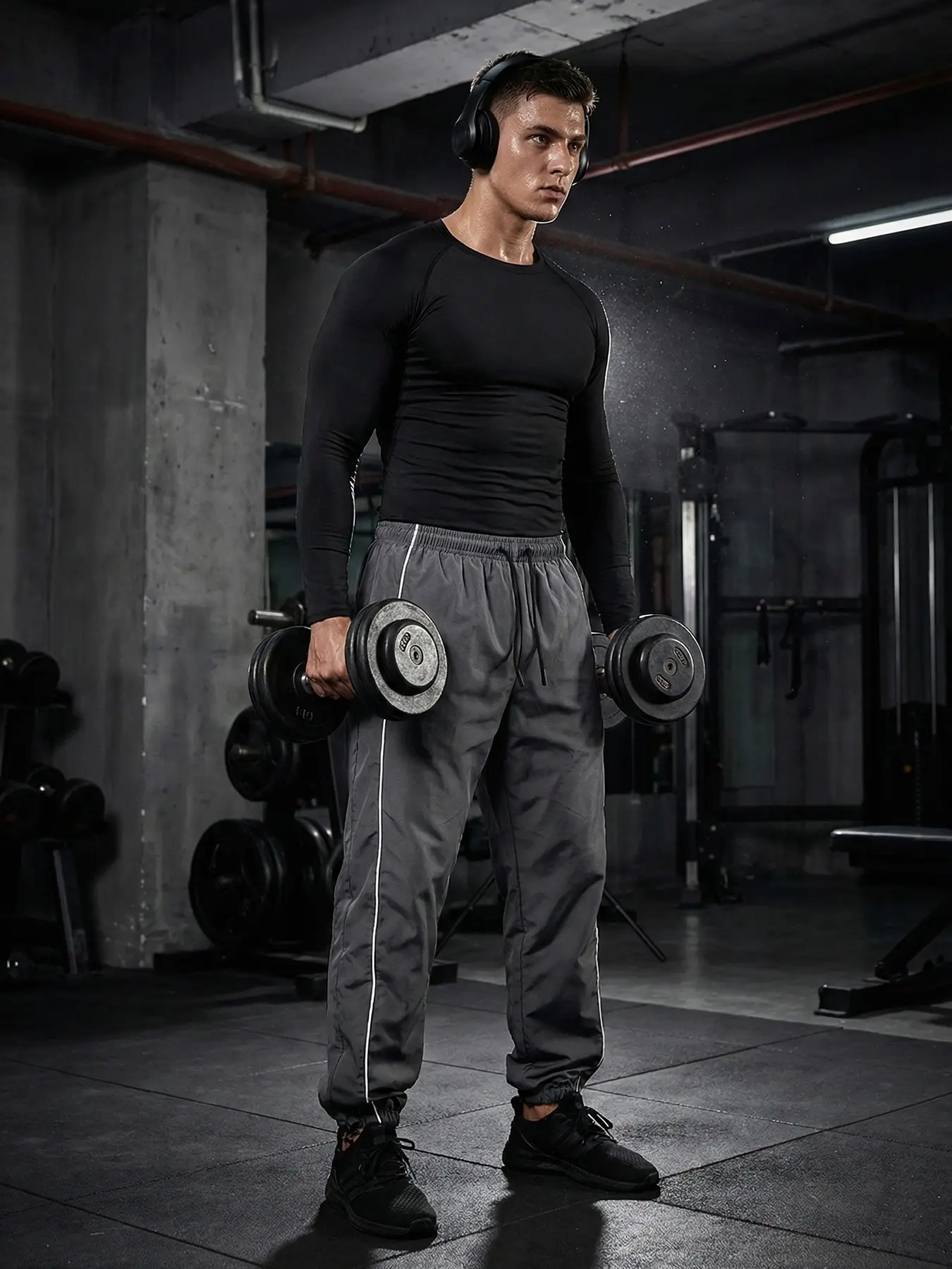 Men's Spring Fall Fitness Workout Running Sport Set, Round Neck Long Sleeve Compression Shirt Tight Fit Tshirt Tees + Drawstring Elastic Waist Pants with Adjustable Cuffs Athleisure Trousers Sweatpants with Side Stripe