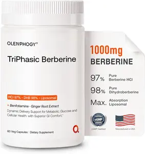 Olenphogy TriPhasic Berberine - Berberine 1000mg, 9X Absorption Liposomal Berberine, Ultra Pure Dihydroberberine & Berberine HCl, Digestive-Friendly Berberine Supplement for Metabolic Support, Gut Balance,60 Veg Capsules