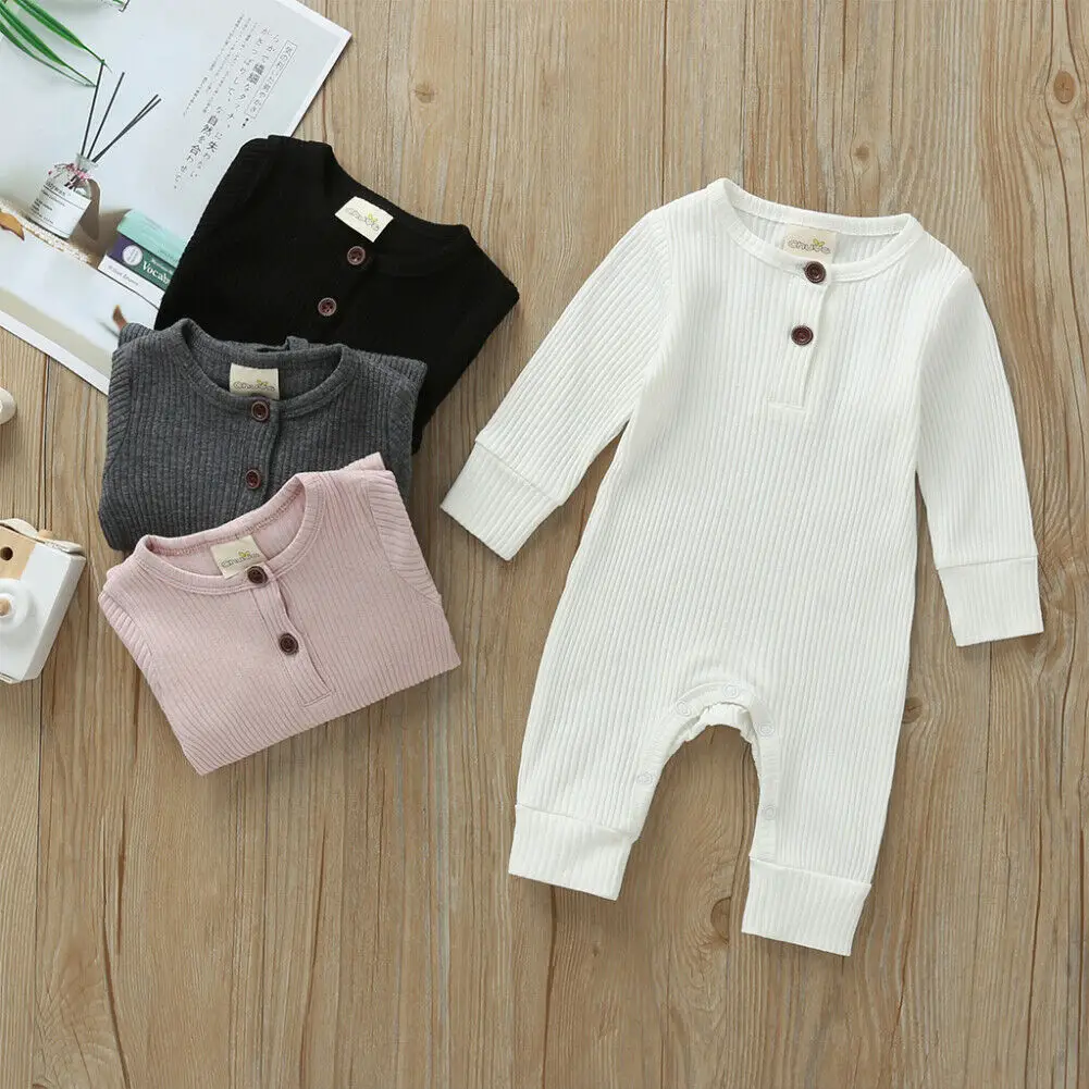 Newborn Infant Baby Boy Girl Romper Solid Color Ribbed Knit Jumpsuit Long Sleeve Playsuit Clothes