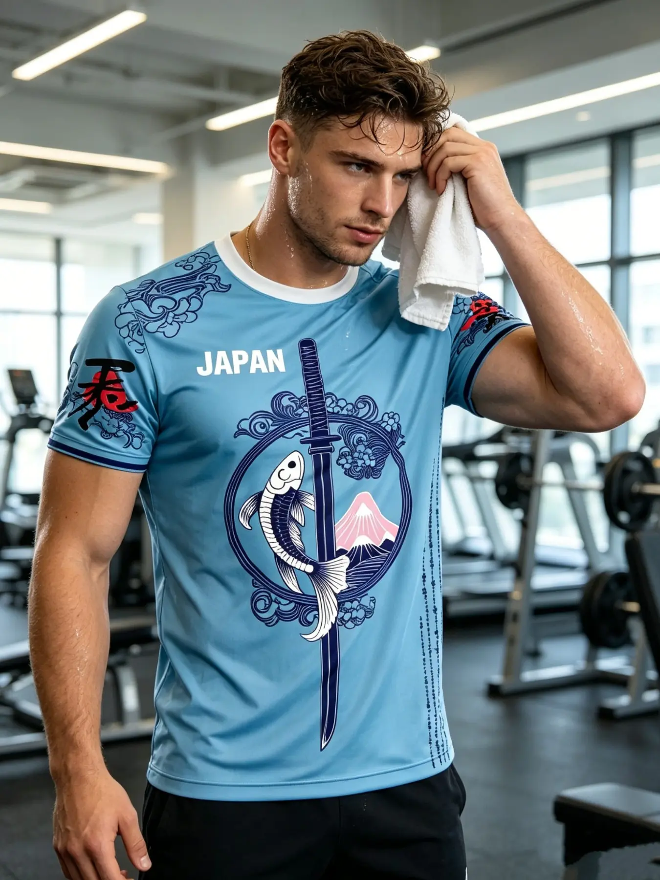 Japan National Football Team Light Blue Sports Style Jersey, Sword and Koi Design, Japanese Characters and Cherry Blossom Badge, Sports and Casual Wear, Athletic Top