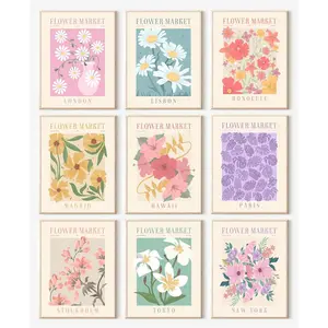 Flower Market Posters Set of 9, Minimalist Wall Art Prints, Vintage Flower Pictures, Abstract Canvas Colorful Floral Painting for Living Room, Bedroom, Dorm