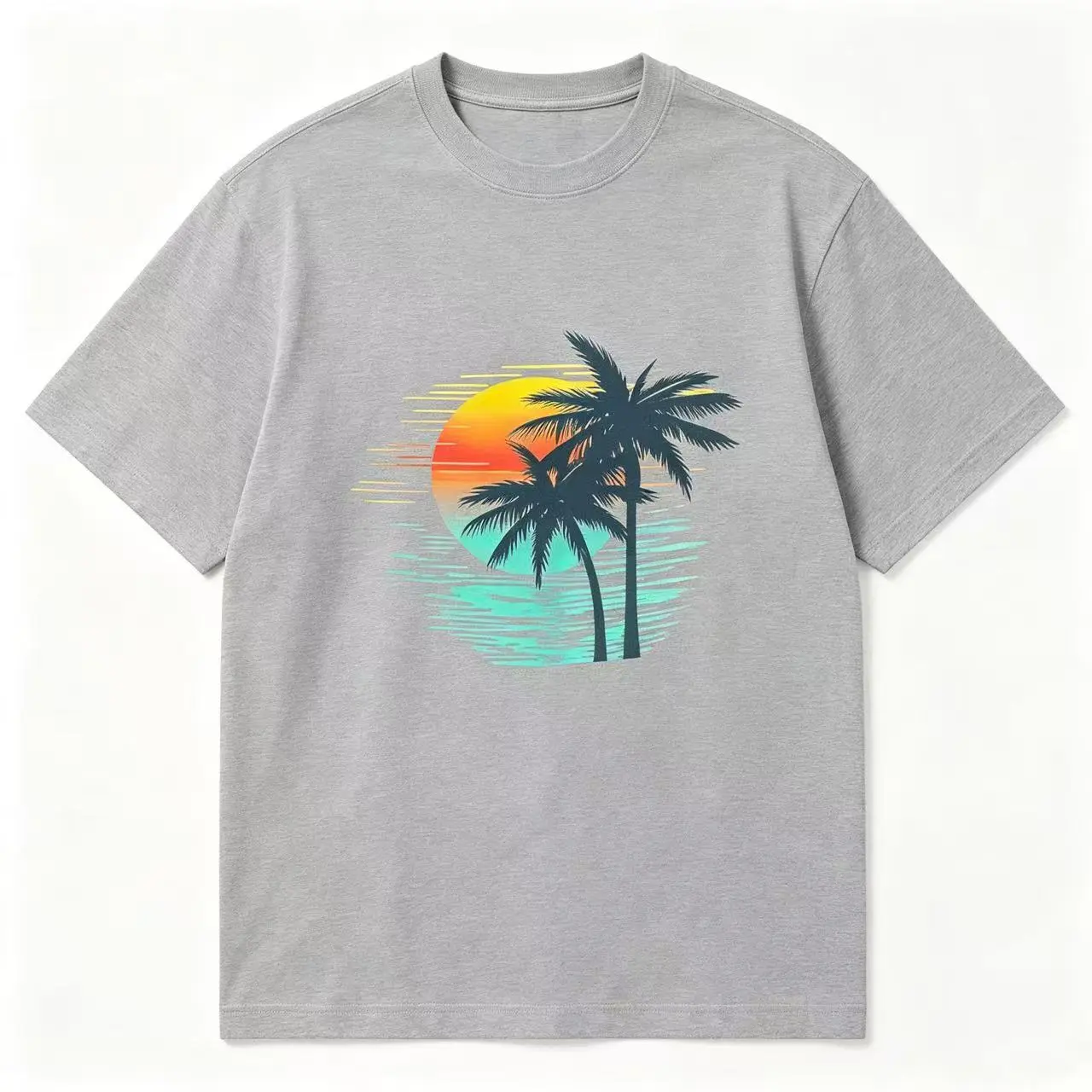 Vintage Streetwear T-Shirt with Graphic Palm Tree Sunset Scene, Unisex, Soft Breathable Cotton Blend Fabric, Round Neck, Tops, Tropical