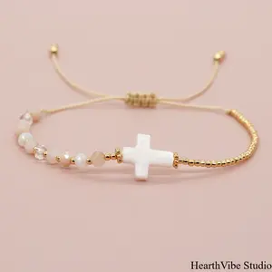 Retro Bohemian Style Shell, Cross, Crystal, and Copper Bead Bracelet — Women's Jewelry