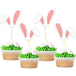 24pcs Easter Bunny Ear Cupcake Toppers - Pink, Perfect for Easter Decorations & Parties