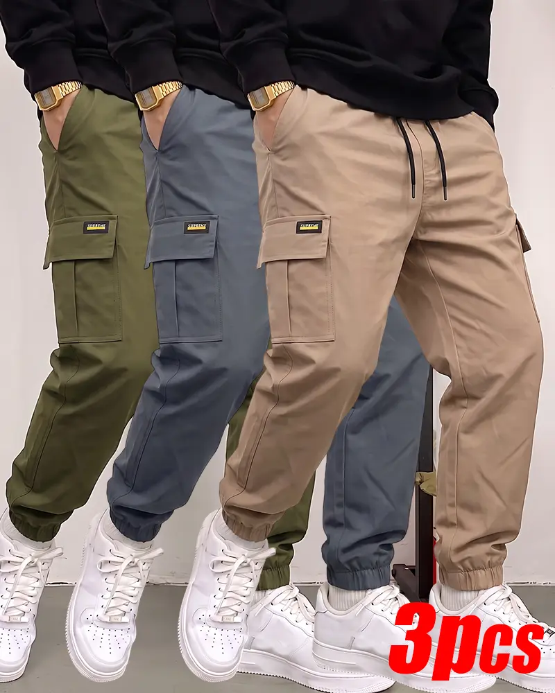 3-PCS Outdoor Jogger Cargo Pants, All Elastic Draw Waist, Mini Yellow Label Multi Storage Pockets, Wrinkle Resist Plain Elastic Cuff Travel Pants Bundle