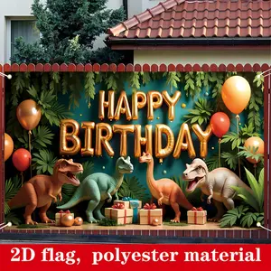 1PC,2D Flat Dinosaur - Themed Happy Birthday Backdrop, Kids Party Decoration Flag, Cartoon Dinosaur Birthday Banner, Baby First - Year Birthday Photo Background, Outdoor & Indoor Party Scene Dec