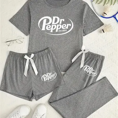 Women's Dr Pepper Print Sleepwear Set, Cartoon Pattern Loose Fit Casual Pajamas Pjs, All Season Comfortable Nightwear Loungewear