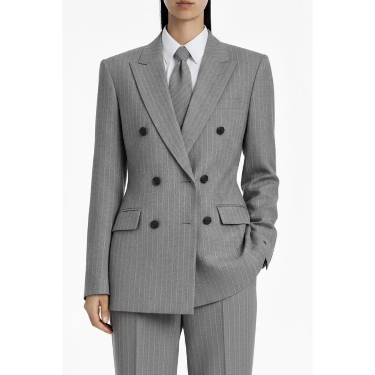 Grey Pinstriped Double-Breasted Blazer