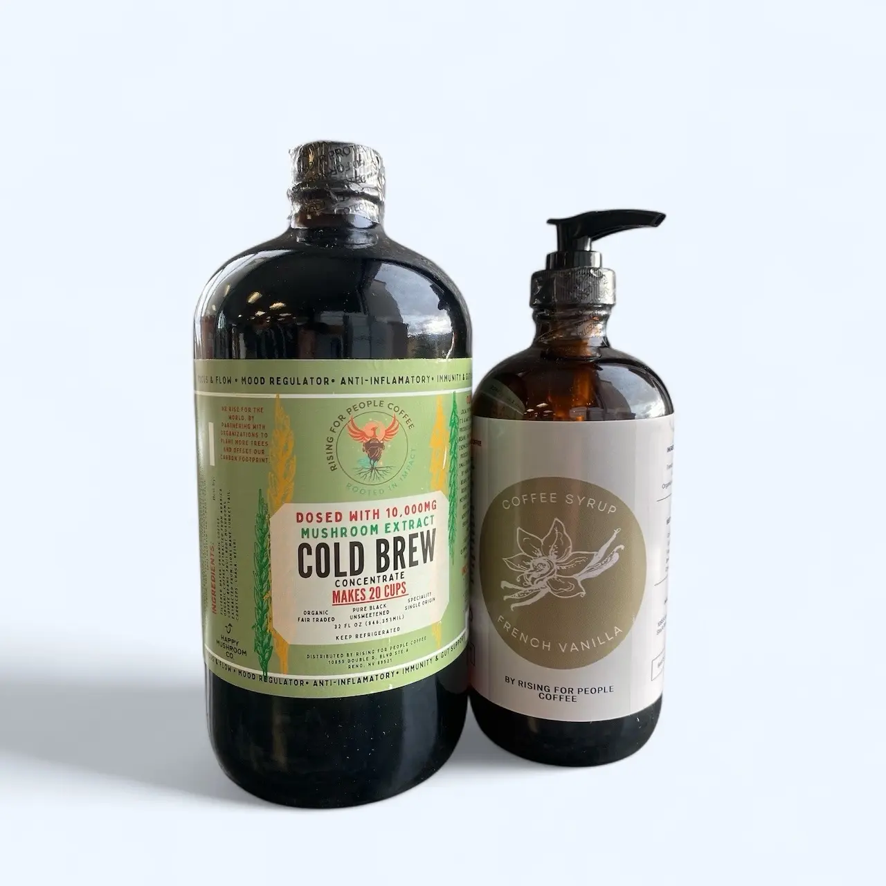 Happy Mushroom Concentrated Cold Brew & French Vanilla Syrup Bundle - Perfect for Beverages - Coffee Natural Fruit
