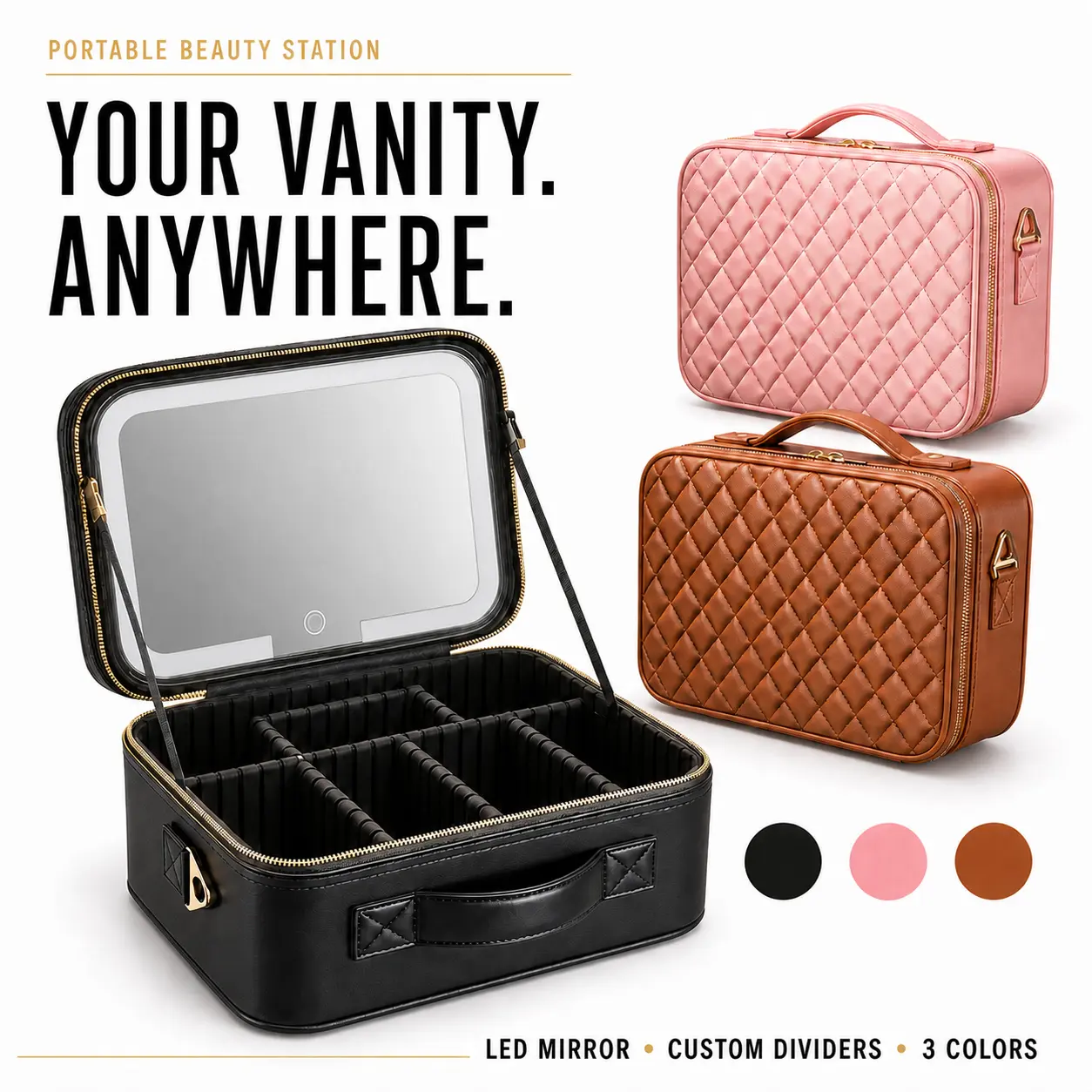 Large Capacity Makeup Bag with Lighted Mirror, Rechargeable Travel Cosmetic Case with 3 Color LED Lights, Brush Organizer, Adjustable Compartments, Detachable Storage Pouches, Portable Vanity Makeup Organizer