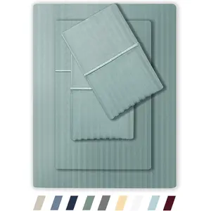 500 TC Queen Size Damask Sheet, 100% Bedsheets, 4 18" Deep Pockets Sateen Weave Striped Mattress Resort- (Green, Queen)