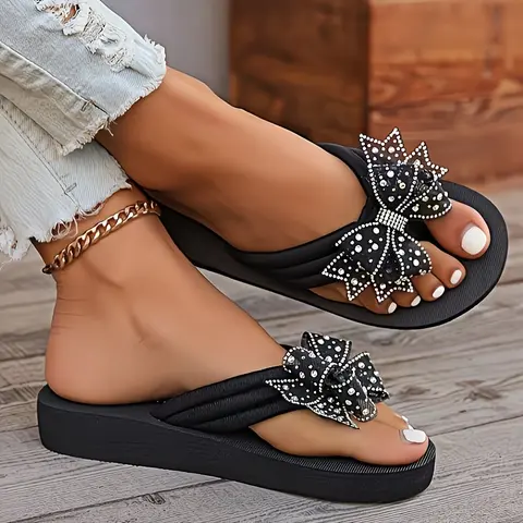 Women’s No Heel Boho Rhinestone Butterfly Decorated Slides - Classic Flip Flops, Soft Flexible EVA Sole, Sparkly Crystal Bow, Comfy Flip-Strap for Poolside & Casual Use