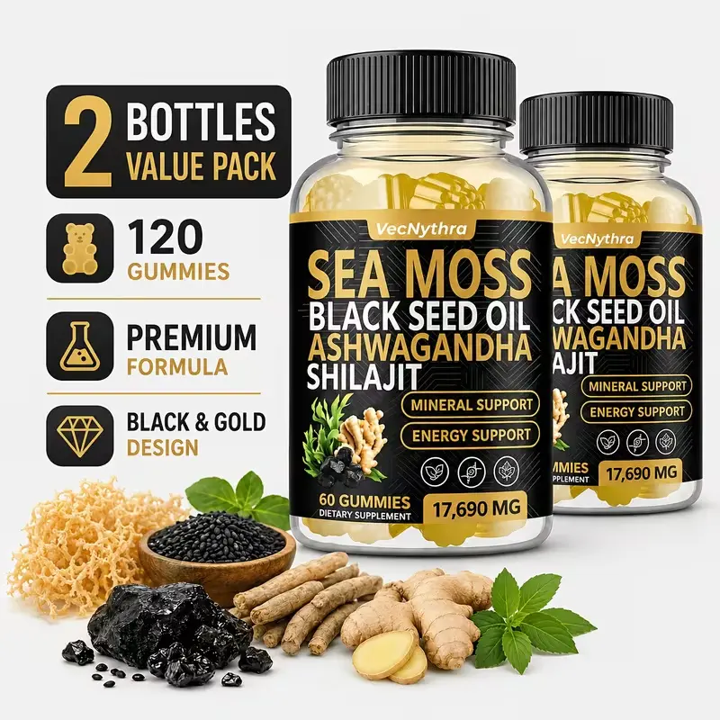 VecNythra Sea Moss Gummies with Black Seed Extract and Ashwagandha, 2 Pack, 120 Gummies, 60-Day Supply, Dietary Supplement for Women and Men