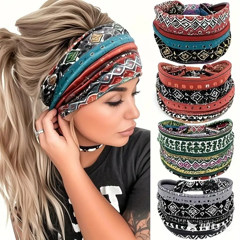 4-Pack Wide Training Headbands for Women, Boho Chic Aesthetic Sweatband Headband with Vintage Prints for Yoga & Casual Wear, Workout, 4Pcs, Universal, Adults, Sweat-Wicking, Round Band