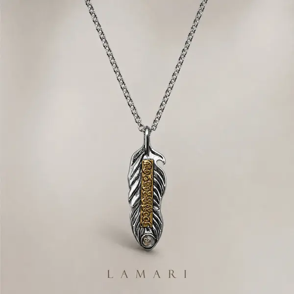 LAMARI Vintage Feather Pendant Necklace for Women Men, Silver Tone Boho Feather Charm Necklace, Western Style Unisex Jewelry for Daily Wear, Layering & Gift