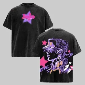 Vintage Acid Wash JoJos Bizarre Adventure Jotaro Kujo Oversized T Shirt Dark Grunge Wasteland Streetwear Hardcore Gym Pump Cover Powerlifting Anime Graphic Tee Y2K Distressed Japanese Manga Star Platinum Retro Cotton Summer Outfit Men Women