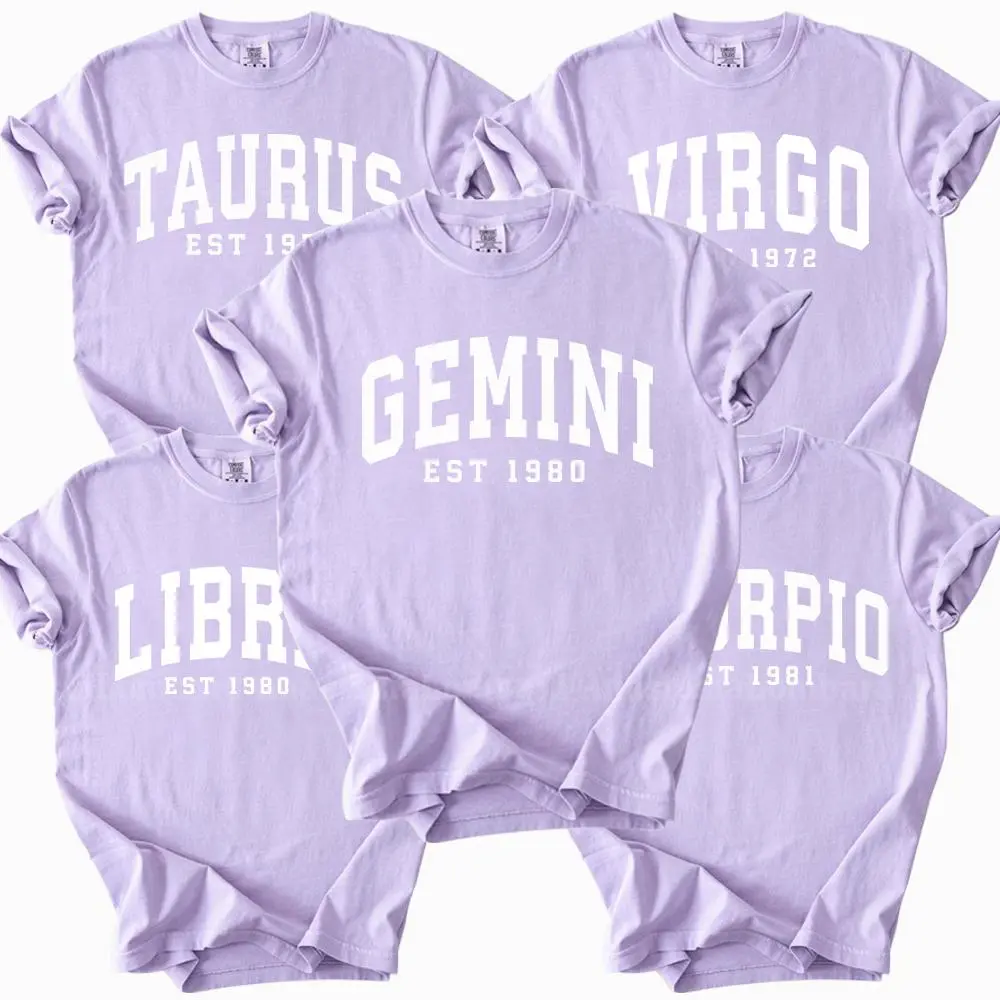 Comfort Colors Zodiac Birth Year EST Tshirt, 12 Star Sign Shirts, Astrology Tee, Aries Taurus Gemini Cancer Leo Virgo Libra Scorpio Sagittarius Capricorn Aquarius Pisces Gift, Unisex Casual Wear, Orchid Color - AL