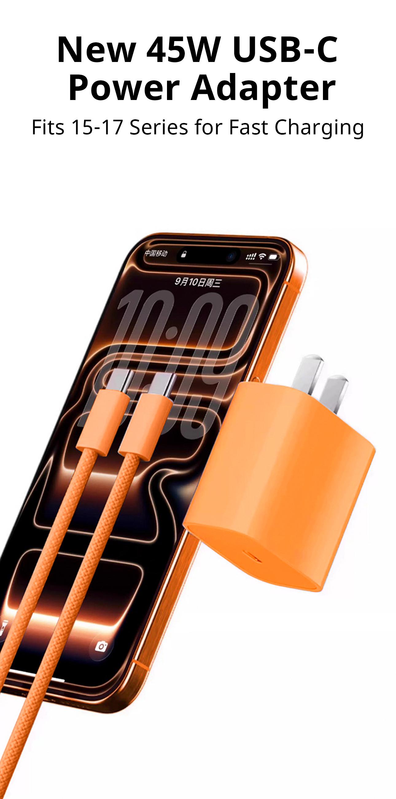 45W fast charger set suitable for iPhone 17 Pro Max and iPhone 17 Pro; portable orange charger set; convenient iPhone charger set; Type‑C fast charging power adapter for iPhone 17; PD fast charging tablet compatible with 6.6 ft/3.3 ft cables (3 sets).