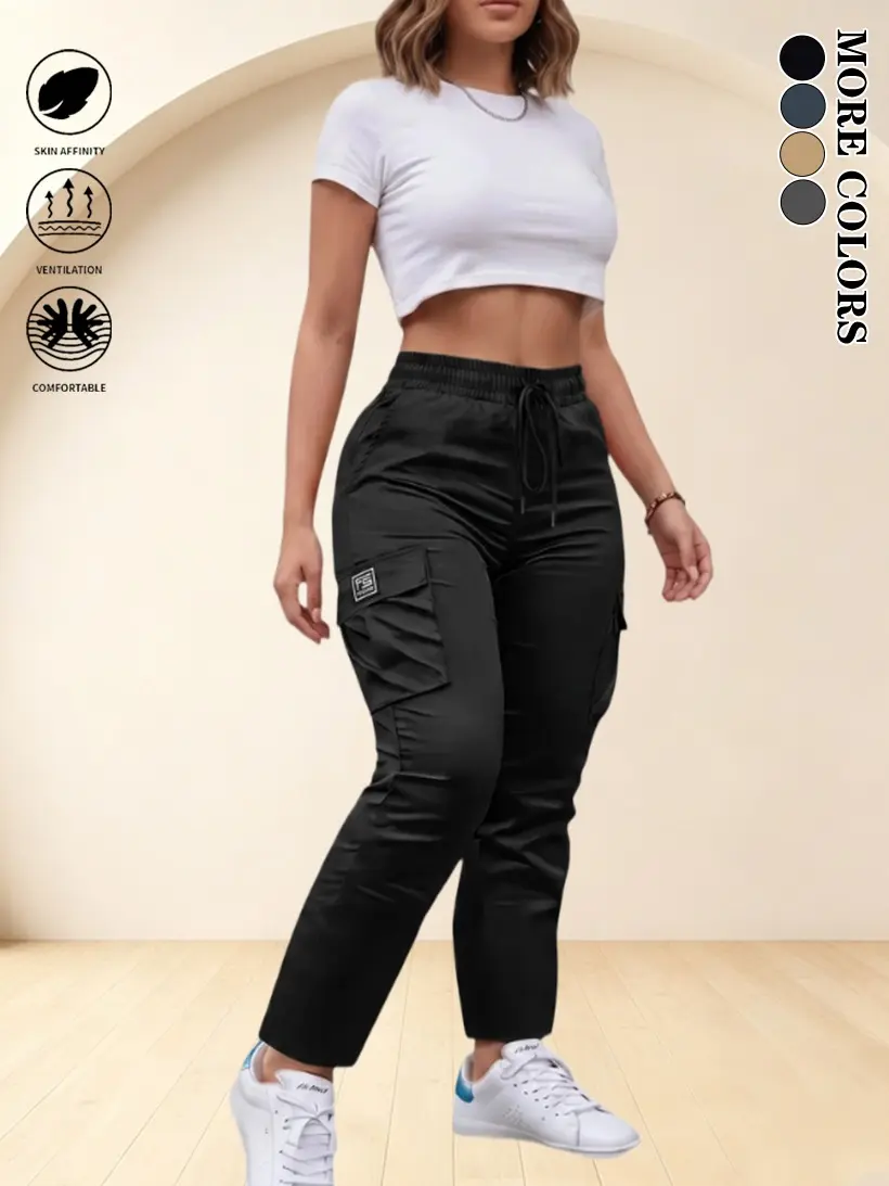 Clean Gent Women’s Cargo Pants – Loose, casual high-waisted wide-leg pants; all-season woven fabric; long solid-color design; suitable for everyday commuting and vacations; women’s wide-leg casual pants; low-rise wide-leg harem pants with elastic waistban