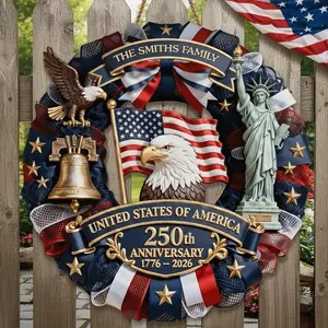Personalized America 250th Anniversary Wood Wreath 1776-2026 Patriotic Door Sign Semiquincentennial Family Name Decor