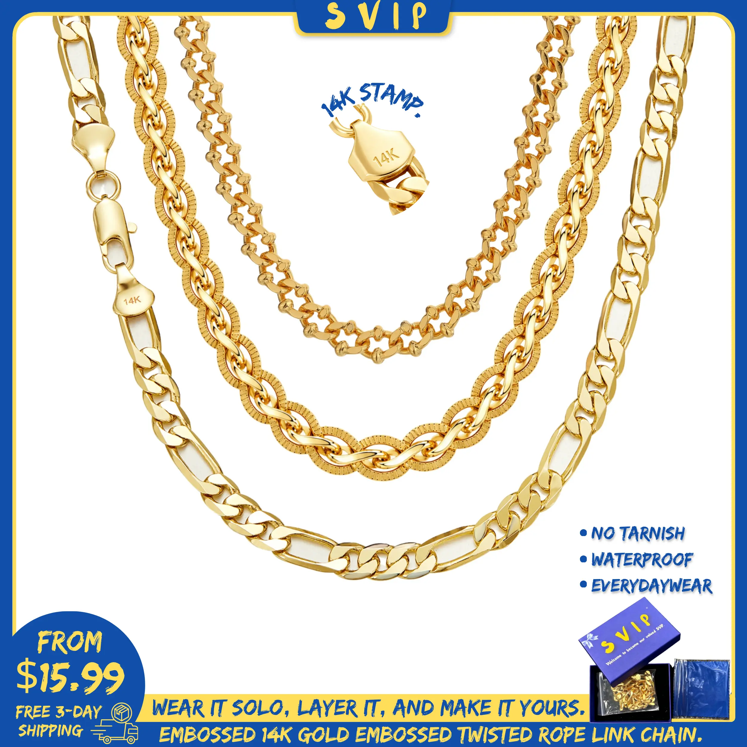 Men's 14K Gold Stackable Necklaces - High-End Italian Figaro, Thorn Cuban, Franco Chains, Waterproof, Sweat-Resistant, Oxidation-Resistant Hip-Hop Jewelry, Perfect Men's Jewelry Gift