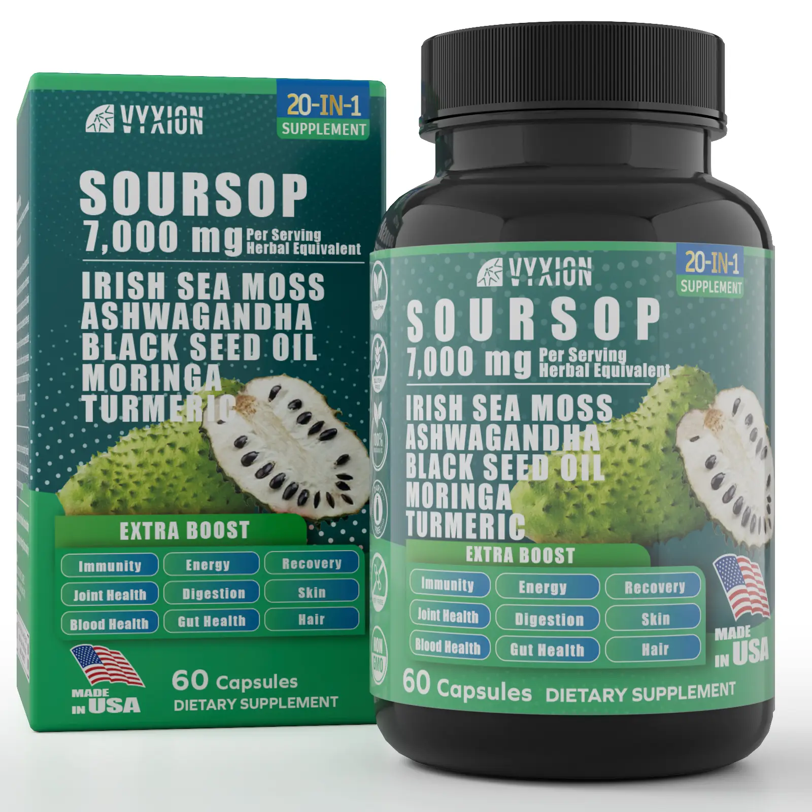 VYXION 20-IN-1 Soursop Sea Moss Ashwagandha Black Seed Oil Moringa Turmeric Extract bundled Herbal Supplement, Organic Soursop, 60 Capsules