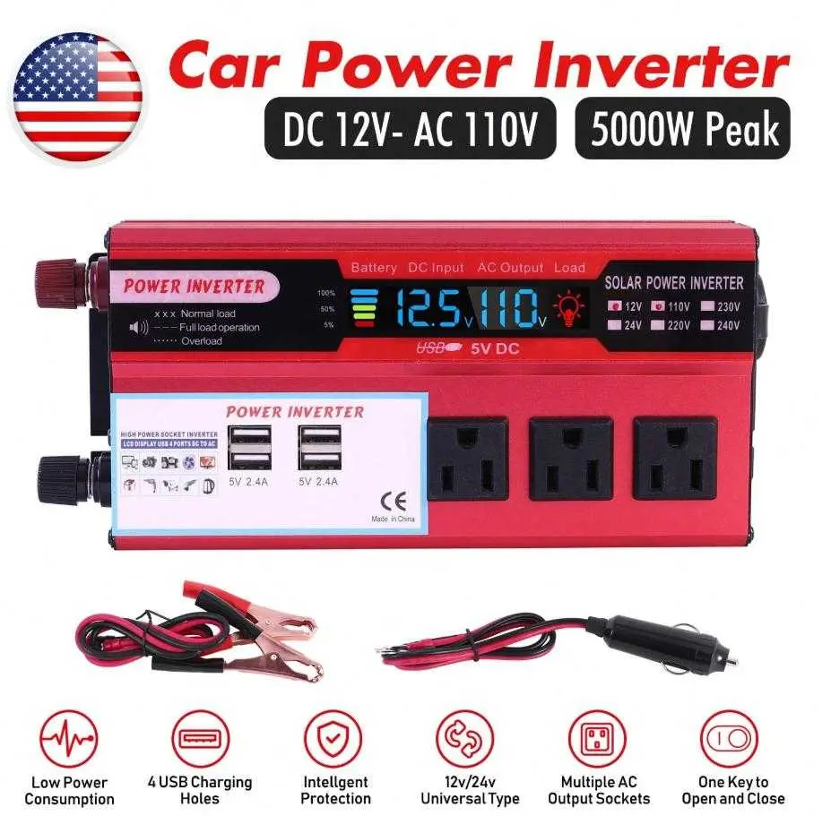 Heavy-Duty Power Inverter 5000W Peak, Modified Sine Wave DC 12V to 110V Converter with 3 AC Outlets and LED Display for Car and Camping, Truck Accessories, Car, Rv, Truck, Camping, Versatile Connectivity, Safety First, Road Trips, Dc To Ac, 200 W & Above