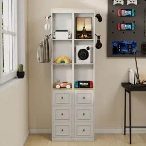 73" Tall Slim Storage Cabinet, 3-Tier Media Storage with 3 Drawers & 2 Hooks, Bookcase Display Shelves, Cube CD DVD Game Console Storage - Antique White, Modern Design, Ample Space, Small Space Friendly, Multipurpose, Stable & Safe