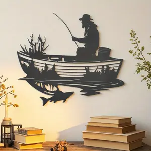 Metal Wall Sculpture Abstract Fishing Art Decor, Unique Artwork Rustic Home Farmhouse Decoration for Living Room Bedroom Office Gift Ideas