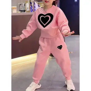 Girls Autumn Heart Print Set New Spring Collection Fashionable 2pcs Sportswear Sweatshirt Set for Middle and Older Toddlers Perfect for Outdoor