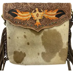 Phoenix Purse with Fringe Accent - Tooled Leather and Hair on Cowhide Bag