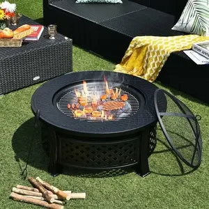 Rustic Look Steel Outdoor Fire Pit with Open Flame, 32x19 in BBQ Grill, Fire Poker, and Mesh Cover