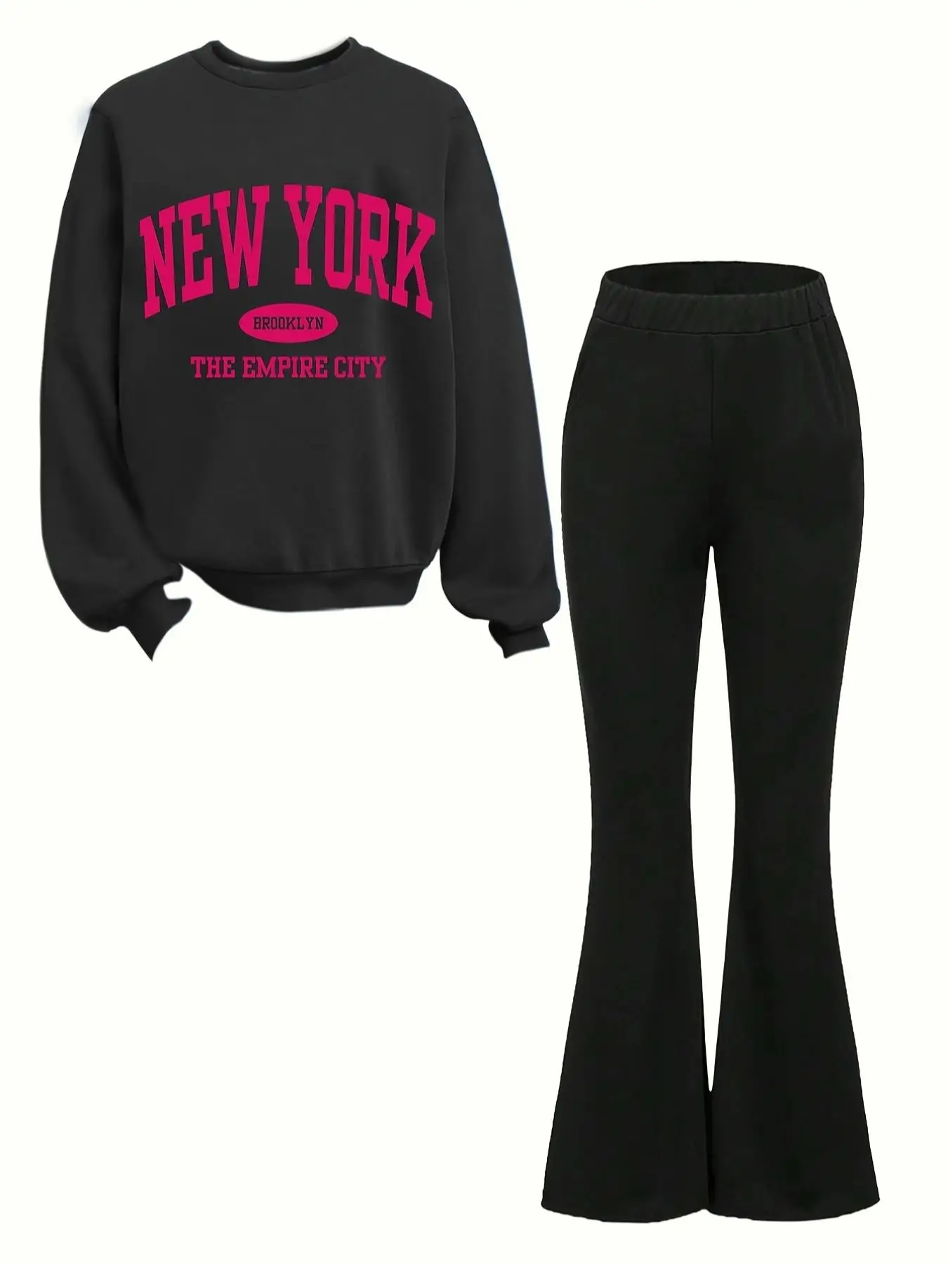 Girl's Letter Print Sweatshirt & Elastic Waist Flare Leg Pants Two-Piece Set, Casual Round Neck Long Sleeve Pullover & Bell Bottom Trousers for Spring