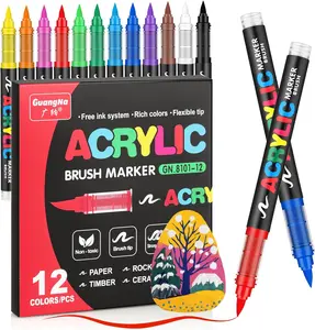 Acrylic Paint Markers Brush Tip,12 Vivid Colors with Direct-Liquid Ink Control System, Professional Paint Pen for Canvas, Rock Painting, Wood, Stone, Glass,Fabric Painting, DIY Crafts,Gifts Bf