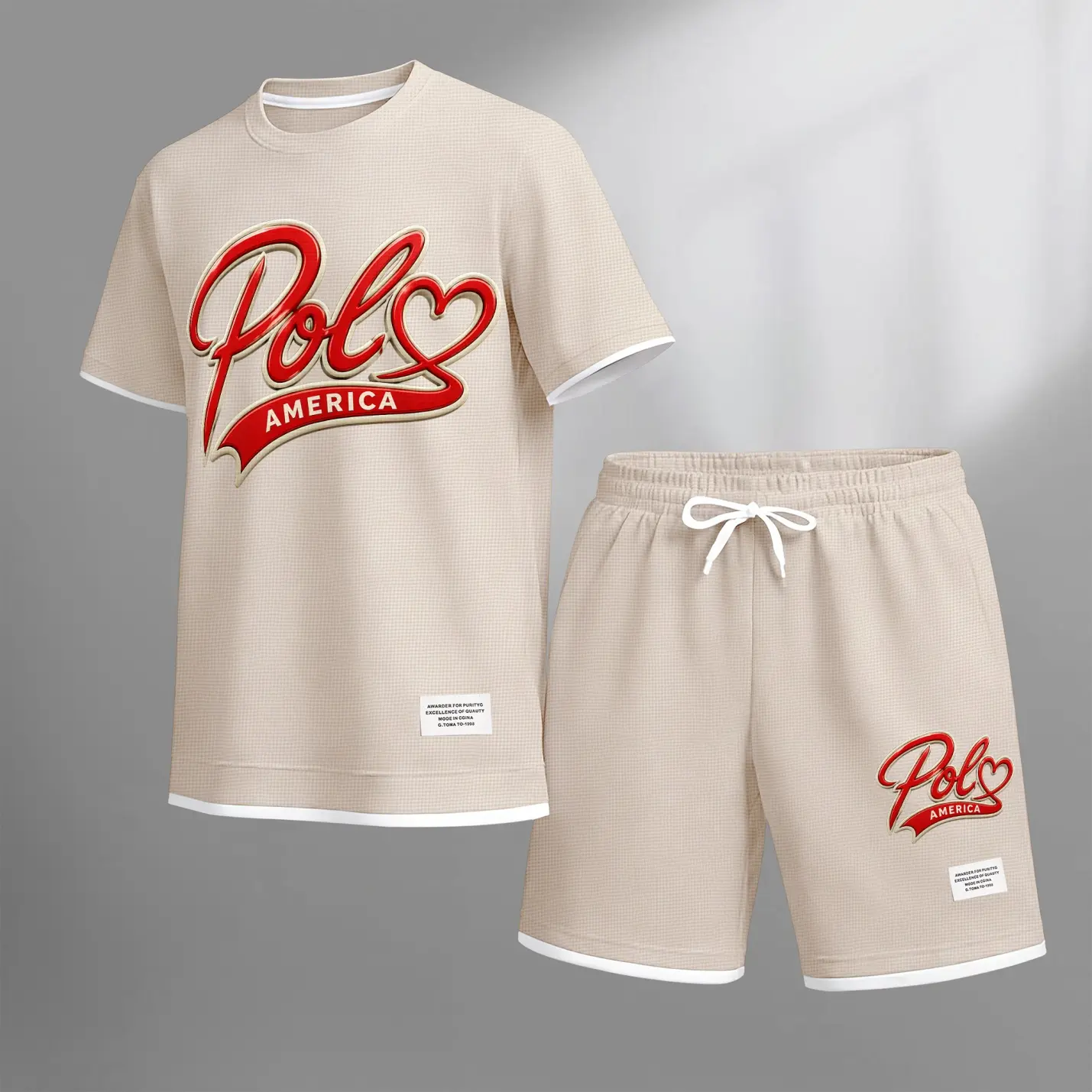 Men's American-style printed drawstring shorts set is ideal for spring and summer. This casual summer outfit includes a short-sleeved shirt and shorts, suitable for everyday wear and athletic activities.