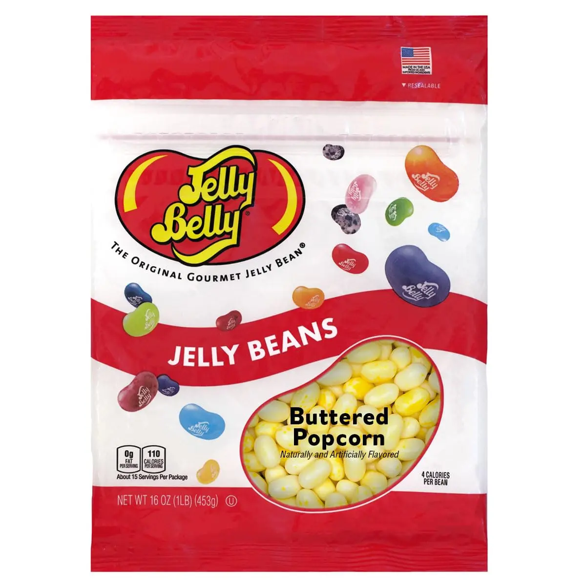 Jelly Belly Buttered Popcorn Jelly Beans - 1 lb (16 oz) Resealable Bag - Genuine, Official Direct-Source Candy Snacks