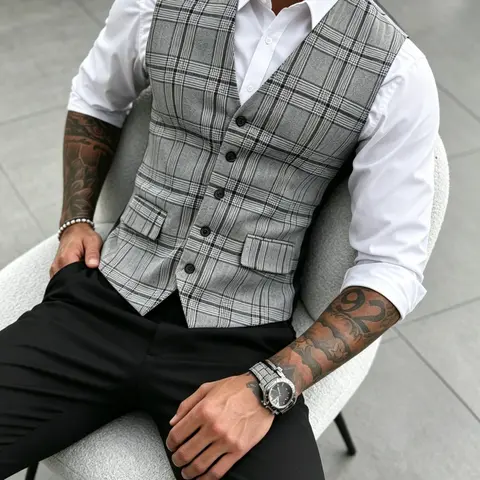 Men's Gingham Checked Plaid Slim-Fit Vest, Business Formal Classic Blazer Vest, Business Attire Clothes, Wrinkle-Resistant Fabric, V Neck, Single Button, Two Pockets, All Seasons