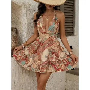 THE RBRY 2026 New Season Paisley Print Halter Neck Dress Sexy Backless Summer Vacation Outfit Bohemian Beachwear