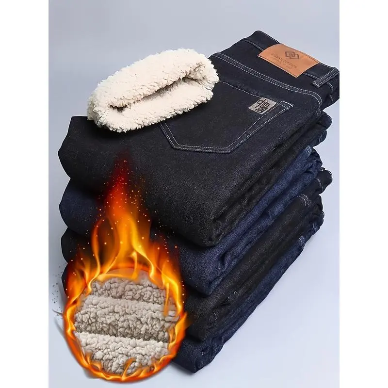 Men's Heavy-Duty Fleece-Lined Thermal Insulated Cotton Blend Polyester Stretch Plain Regular Fit Menswear Winter Jeans - Dark Blue, Business Casual Office Use - Hand Wash Only, Cold Weather