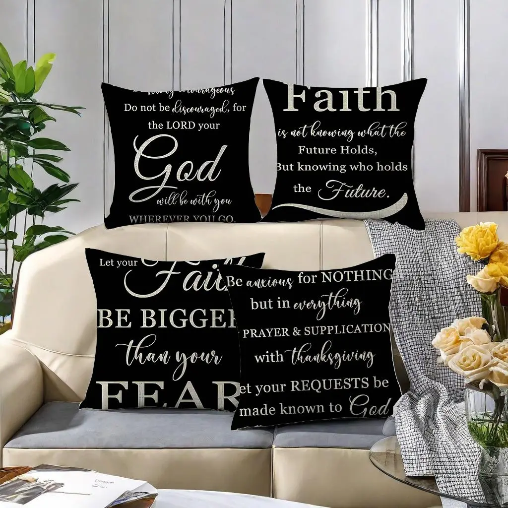 Bible Themed Faith Pillow Cover, 4 Counts/set Square Pillow Cover without Filler, Household Decoration Supplies for Home Living Room Bedroom, Bedroom Accessories