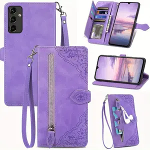 for Samsung Galaxy A14 5G Mobile Phone Case, Galaxy A15 5G Wallet Mobile Phone Case Suitable for Women and Men, Durable Faux Leather Magnetic Flip Strap 7 Card Slots Zipper Pocket Handbag Mobile Phone Case Embossed Flower Holder Mobile Phon Screen Cover