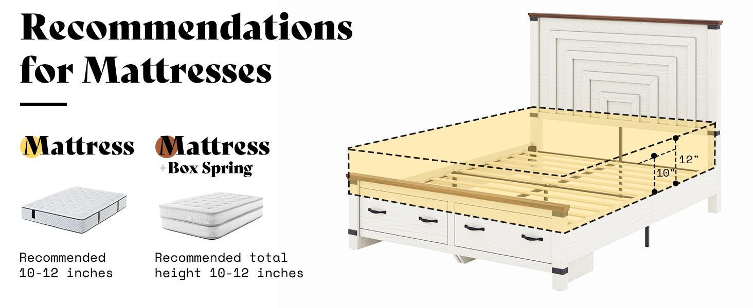 [Spring Sale] AMERLIFE Farmhouse Bed Frame with 54" Tall Geometric Headboard & Footboard, Rustic Wood Platform Bed Frame with Large Storage Drawers, Wood Slats Support, No Box Spring Needed