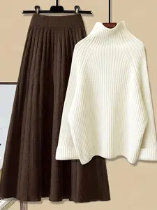 Women's High Neck Sweater Knit Dress Set, Two Piece Set Women, Casual Fall Winter, Simple Style Long Sleeve Top & Skirt Combo, Outfit Sets Women