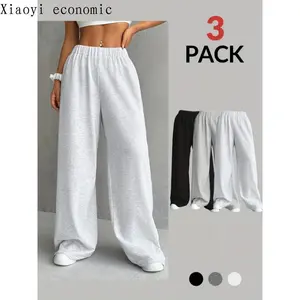 [Elegant Wide Leg Sweatpants] 3-Pack Elegant Wide Leg Sweatpants - Polyester Knit Athletic Pants Autumn/Winter - Solid Color, Adult FitGift