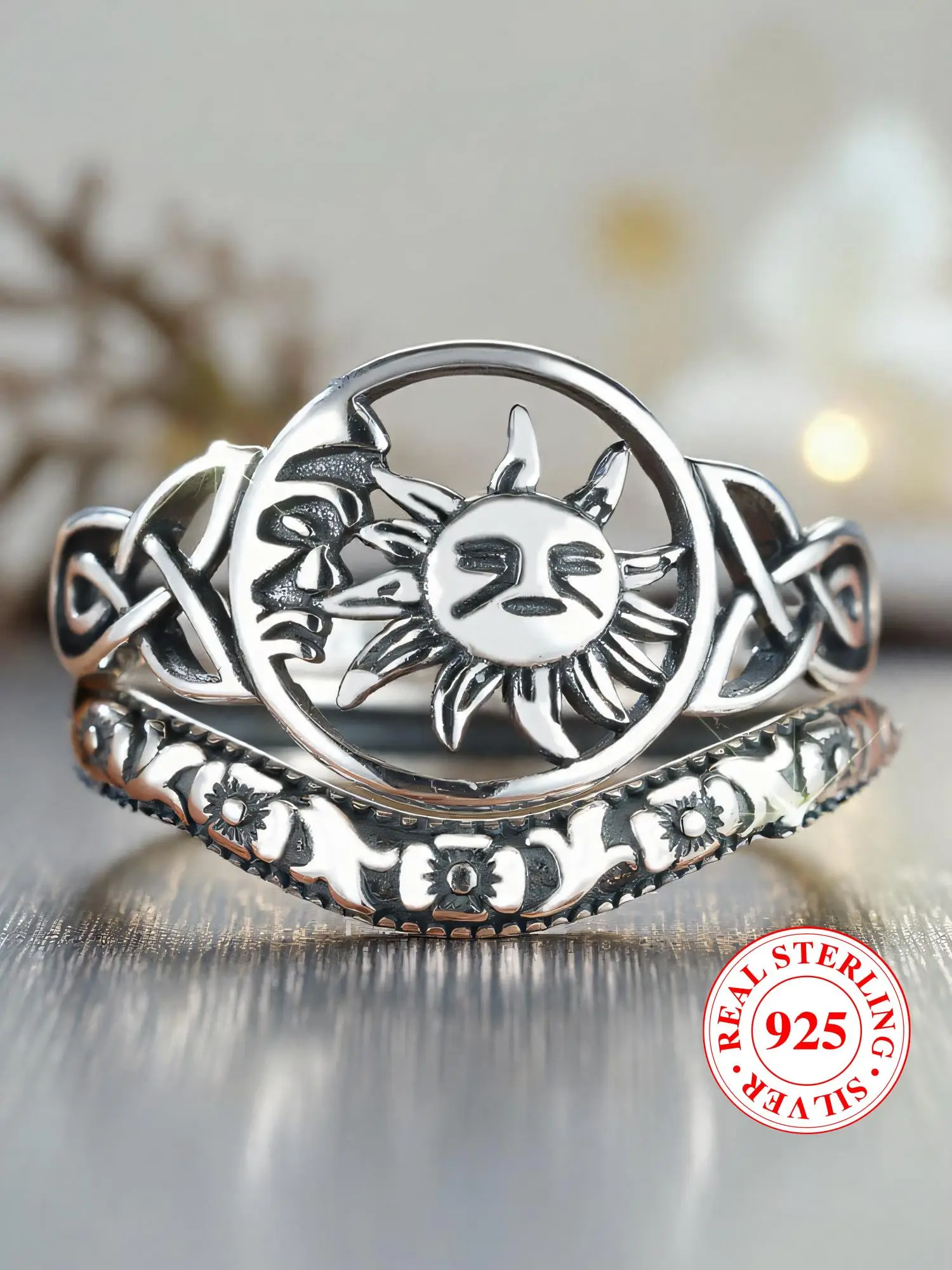 925 Sterling Silver Vintage Hollow Out Sun & Moon Design Ring, Fashion Accessories for Both Men & Women, Trendy All-match & Exquisite Jewelry for Birt