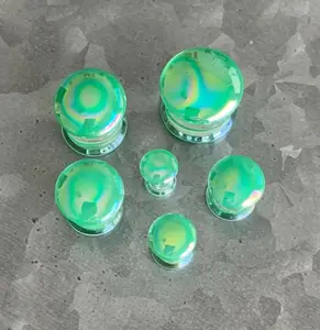 PAIR of Beautiful Green Pearl Design Pyrex Glass Double Flare Plugs