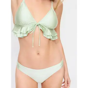 Cider V-neck Ruffle Hem Tie Front Triangle Low Rise Cheeky Bikini Set